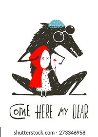 Wolf Dressed as a Grandmother and Little Red Riding Hood. Scary wolf disguised as a grandma, Illustration for the fairy tale Little Red Riding Hood. Sketchy artistic drawing. Vector illustration.