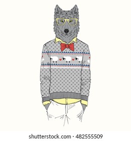 wolf dressed up in jacquard pullover, anthropomorphic illustration, fashion animals