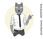 wolf dressed up in office style, pointing out, furry art illustration, business poster