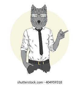 wolf dressed up in office style, pointing out, furry art illustration, business poster