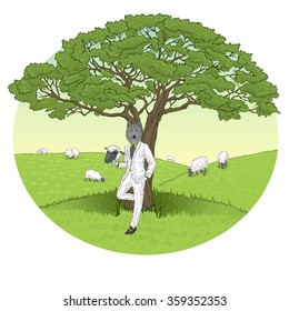 wolf dressed up in sheep suit standing under the tree in the field with pasturing ships
