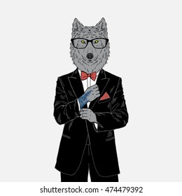 wolf dressed up in tuxedo, anthropomorphic illustration, fashion animals
