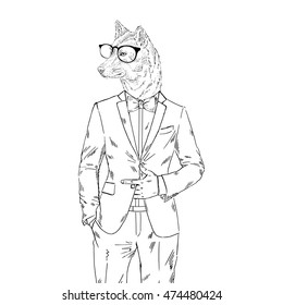 wolf dressed up in tuxedo, anthropomorphic illustration, fashion animals