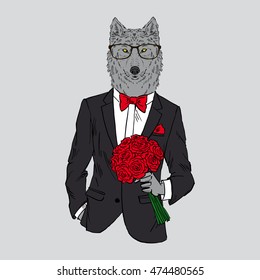 wolf dressed up in tuxedo with flowers, anthropomorphic illustration, fashion animals