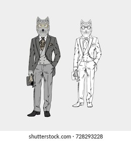 wolf dressed up in vintage victorian suit, furry art illustration, fashion animals
