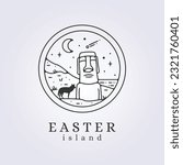wolf in easter island line art vector illustration design, moai statue background template icon logo design