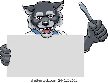 A wolf electrician handyman or other construction cartoon mascot man holding a screwdriver tool.