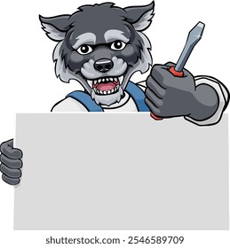 Un manitas electricista lobo u otro hombre mascota de dibujos animados de construcción que sostiene una herramienta destornilladora.