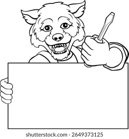 A wolf electrician handyman or other construction cartoon mascot man holding a screwdriver tool.