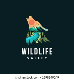 Wolf Emblem patch of wilderness, wolf shape and mountain valley landscape logo vector illustration