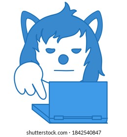wolf emoticon pressing a notebook keyboard button with finger, simplistic facial expression vector illustration, circle or ball shaped cartoon character, simple hand drawn line icon from a set