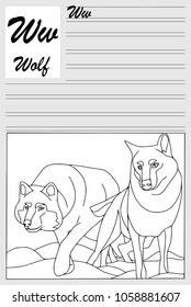 Wolf. English alphabet, coloring outline, write and paint. Set of cards, illustration and text