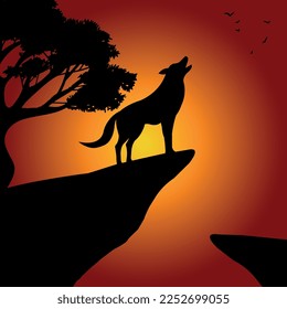 Wolf with evening sunset vector illustration