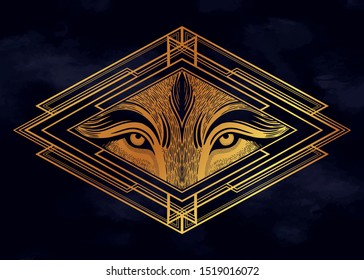 Wolf Eyes In A Beautiful Geometric Frame.Dreamy Magic Art. Night, Nature, Wicca Symbol. Isolated Vector Illustration. Great Outdoors, Tattoo And T-shirt Design.