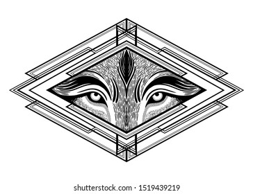 Wolf eyes in a beautiful geometric frame.Dreamy magic art. Night, nature, wicca symbol. Isolated vector illustration. Great outdoors, tattoo and t-shirt design.
