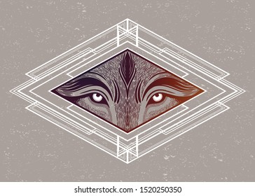 Wolf Eyes In A Beautiful Geometric Frame.Dreamy Magic Art. Night, Nature, Wicca Symbol. Isolated Vector Illustration. Great Outdoors, Tattoo And T-shirt Design.
