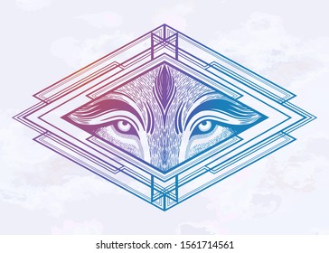 Wolf eyes in a beautiful geometric frame.Dreamy magic art. Night, nature, wicca symbol. Isolated vector illustration. Great outdoors, tattoo and t-shirt design.