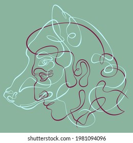 Wolf face.One continuous line.Portrait  male face.Animal head.Carnival mask on the face of a male character.Totem symbol.Tattoo design.Face animal profile.Continuous color line.Wolf logo.