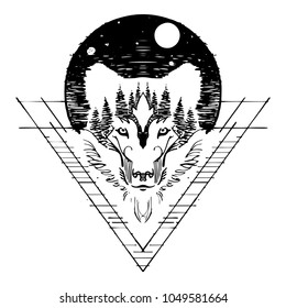 Wolf face double exposure with  forest and full moon in night sky design with sketch pen style for tattoo vector with white background