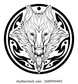 Wolf face double exposure with tree in Aztec tribal circle shape tattoo black silhouette vector with white background


