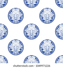 Wolf face double exposure with tree in Aztec tribal circle shape tattoo blue and white or Porcelain tone seamless pattern vector