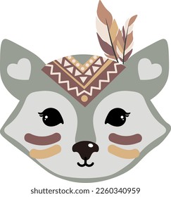  Cara de lobo con la cabeza de plumas, afiche para la habitación de los niños, tarjetas de saludo, niños y ropa de bebé. Vector aislado.