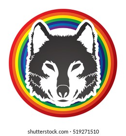 Wolf face front view designed on line rainbow background graphic vector.