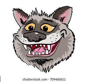 Wolf face hand drawn image. Original colorful artwork, comic childish style drawing.