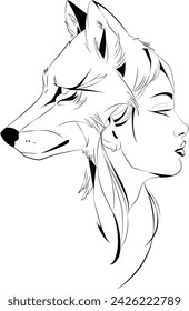 wolf face illustration with woman