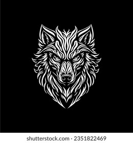 Wolf face logo vector design, black white, tattoo line art or t-shirt, silhouette illustration