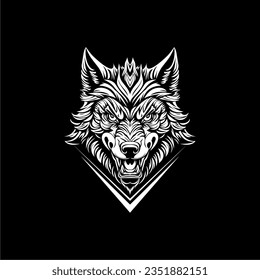 Wolf face logo vector design, black and white german shepherd silhouette illustration, line art for tattoo or t-shirt