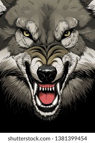 Wolf face on the dark background