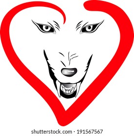wolf face on an isolated background in a frame of hearts