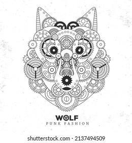 Wolf face silhouette with gears. Punk style. Vector illustration