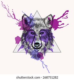 Wolf face in triangle frame with watercolor ink drop. Hand Drawn doodle vector illustration. Sketch for tattoo. Animal collection.