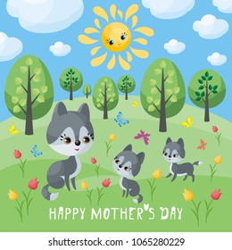Wolf family. Mother’s Day greeting card with cute animals and their cubs. Colorful vector illustration in cartoon style.