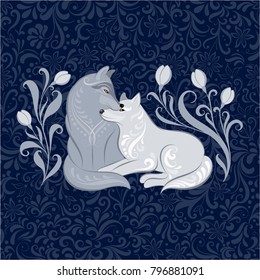 The wolf family. He and she. Folk art. Illustration of decorative floral background. Background - seamless pattern.