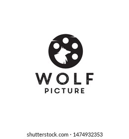 wolf with film roll, projector, Old film strip, cinema movie teather logo design vector icon illustration inspiration