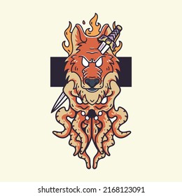 wolf fire octopus illustration vintage t shirt style