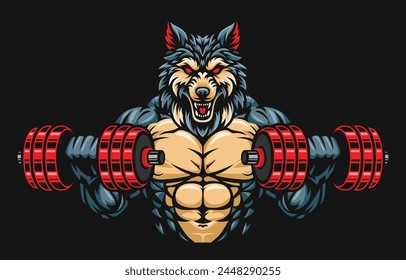 Wolf Fitness oder Fitness Gym Illustration Design, Wolf heben Hanteln Illustration. Wolf-Maskottchen