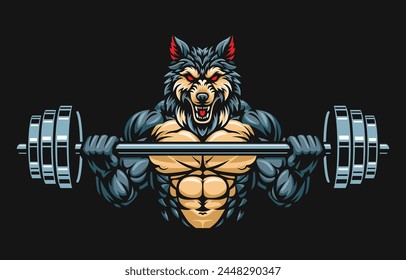 Wolf fitness or gym illustration design, wolf lifting barbell illustration. Wolf mascot character