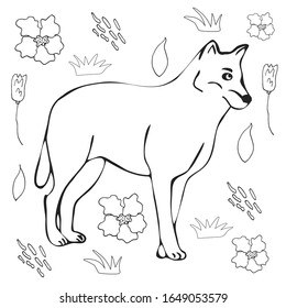 Ilustración dibujada a mano llana. Caricatura animada sobre fondo botánico. Afiche de vector animal salvaje 
