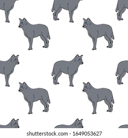 ilustración dibujada a mano plana de lobo. Caricatura de un animal sobre fondo. Patrón transparente vectorial animal salvaje