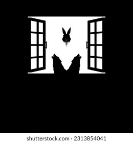 Wolf and Flying Bloody Rabbit Head on the Window Silhouette, Dramatic, Creepy, Horror, Scary, Mystery, or Spooky Illustration. Art Illustration for Horror Movie Film or Halloween Poster Element.