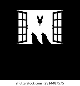 Wolf and Flying Bloody Rabbit Head on the Window Silhouette, Dramatic, Creepy, Horror, Scary, Mystery, or Spooky Illustration. Art Illustration for Horror Movie Film or Halloween Poster Element.