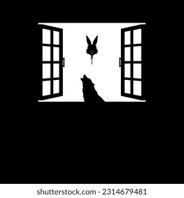 Wolf and Flying Bloody Rabbit Head on the Window Silhouette, Dramatic, Creepy, Horror, Scary, Mystery, or Spooky Illustration. Art Illustration for Horror Movie Film or Halloween Poster Element.