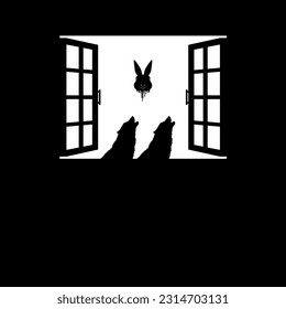 Wolf and Flying Bloody Rabbit Head on the Window Silhouette, Dramatic, Creepy, Horror, Scary, Mystery, or Spooky Illustration. Art Illustration for Horror Movie Film or Halloween Poster Element.