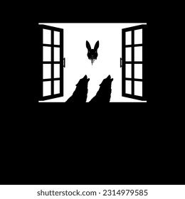 Lobo y conejo sangriento volador Cabeza en la ventana Silhouette, Dramática, Asombrosa, Horrorosa, Misteriosa, o Espumosa Ilustración. Ilustración artística para película de terror o elemento de afiche de Halloween.