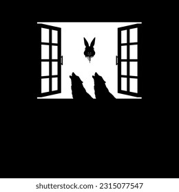 Lobo y conejo sangriento volador Cabeza en la ventana Silhouette, Dramática, Asombrosa, Horrorosa, Misteriosa, o Espumosa Ilustración. Ilustración artística para película de terror o elemento de afiche de Halloween.