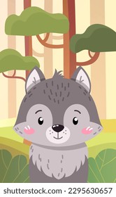 Wolf in forest banner. Dangerous animal and predator, mammal. Flora and fauna, wild life. Design element for greeting postcards for children. Cartoon flat vector illustration